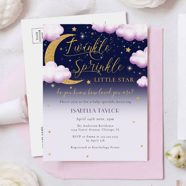 Invitation Carte Postale Cute Twinkle Little Star Rose Girl Baby Sprinkl (Créateur téléchargé)