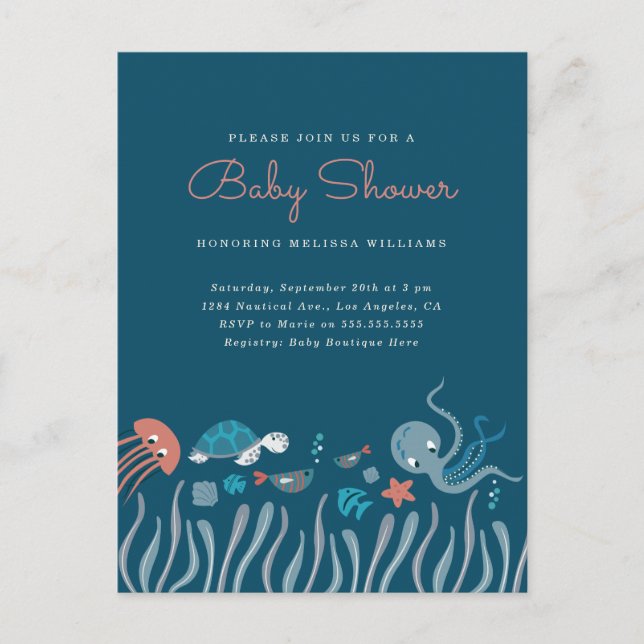 Invitation Carte Postale Cute Under the Sea Ocean Critters Baby shower (Devant)