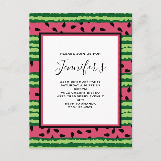 Invitation Carte Postale Cute Watermelon Motif rose et vert Anniversaire (Devant)