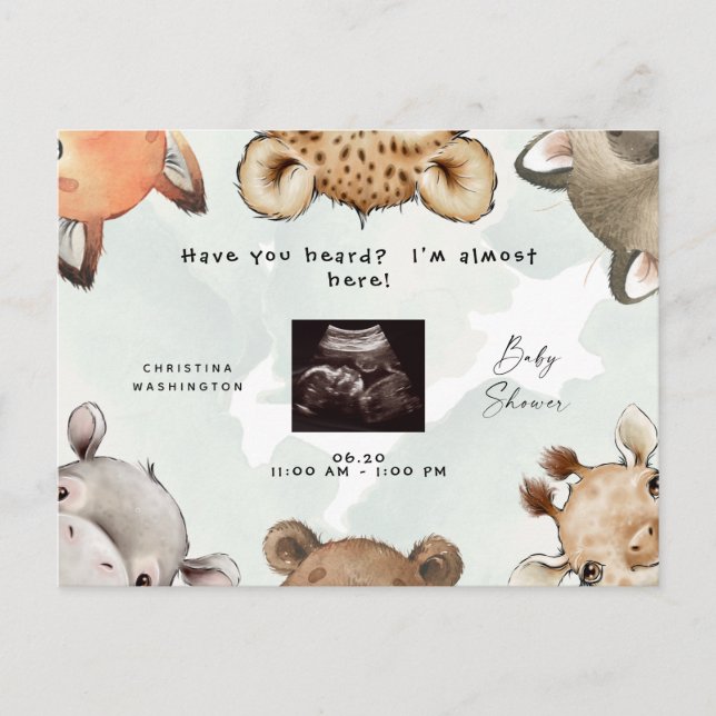 Invitation Carte Postale Cute Woodland Animal Oars Ultrasound Baby shower (Devant)