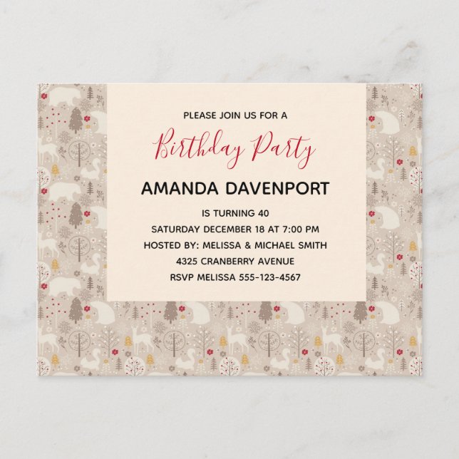Invitation Carte Postale Cute Woodland Animaux Motifs nordiques Anniversair (Devant)
