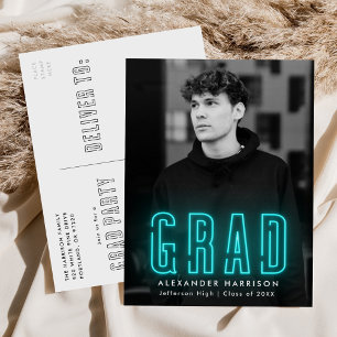 Invitation Carte Postale Cyan Neon moderne Parti de graduation photo