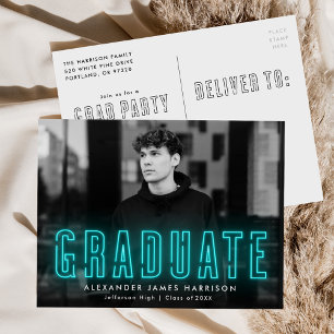 Invitation Carte Postale Cyan Neon moderne Parti de graduation photo