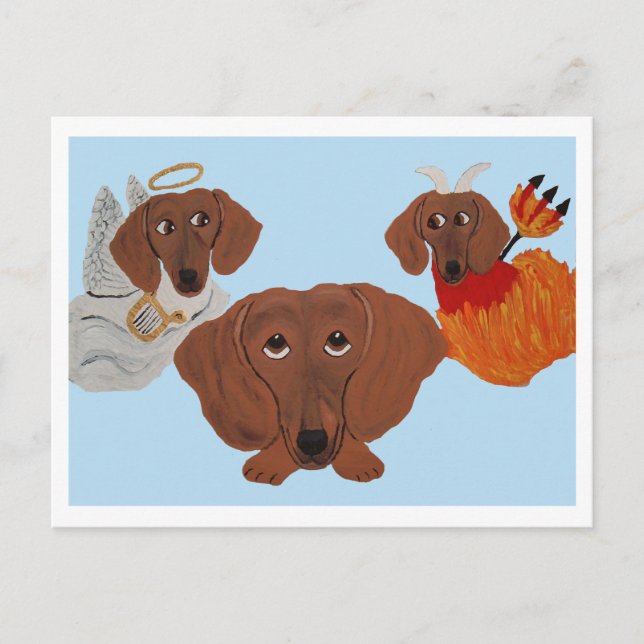 Invitation Carte Postale Dachshund avec ange et diable (Devant)
