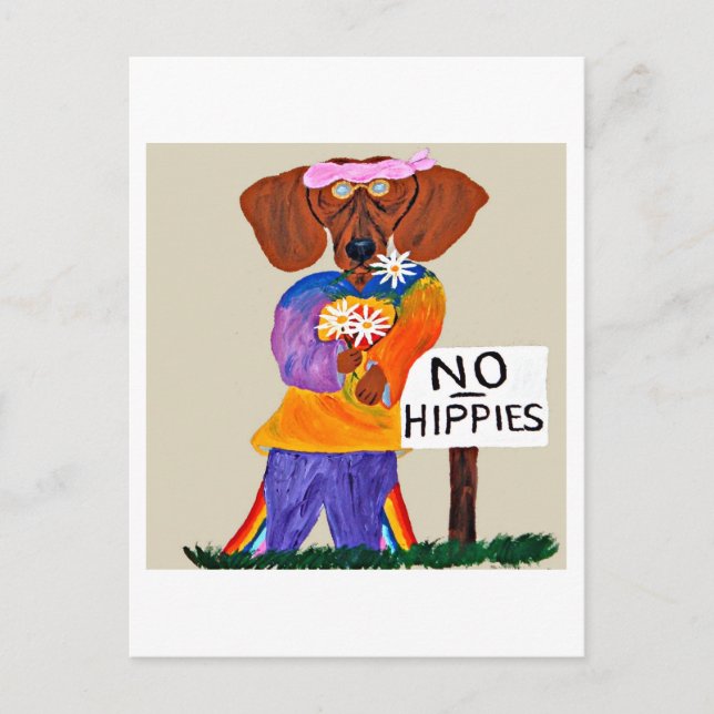 Invitation Carte Postale Dachshund Hippie au panneau Pas de Hippies (Devant)