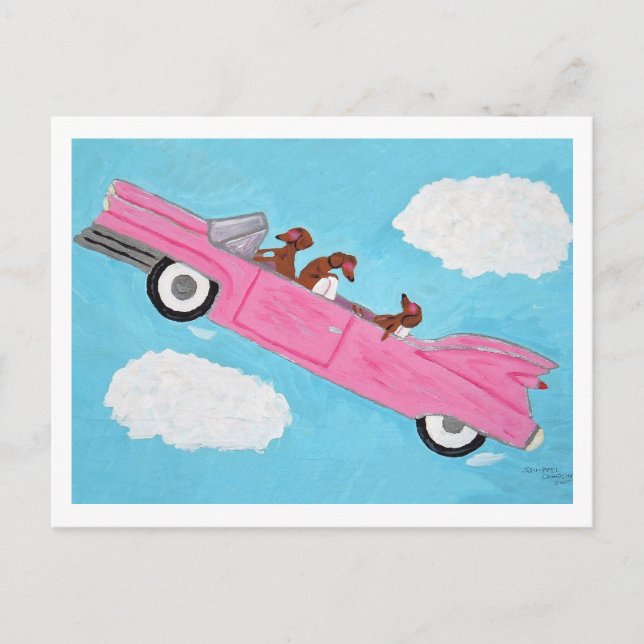 Invitation Carte Postale Dachshunds dans cabriolet rose dans le ciel (Devant)