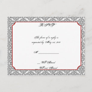 Invitation Carte Postale Damas noir et blanc avec mariage rouge RSVP