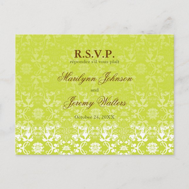 Invitation Carte Postale Damask Swils Lace Lime RSVP Mariage (Devant)