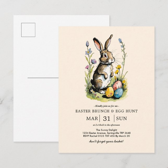 Invitation Carte Postale Déjeuner de Pâques & Chasse aux œufs | Lapin de Wi (Devant / Derrière)