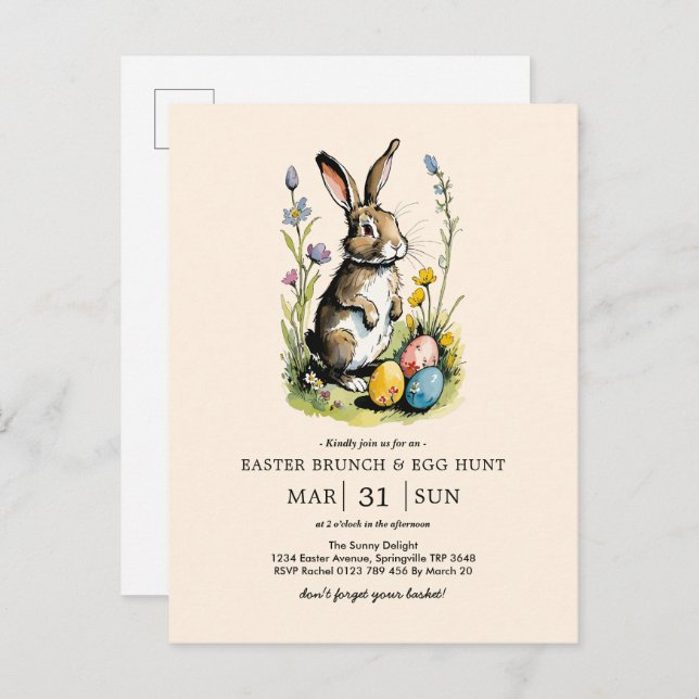 Invitation Carte Postale Déjeuner de Pâques & Chasse aux œufs | Lapin Wildf (Devant / Derrière)