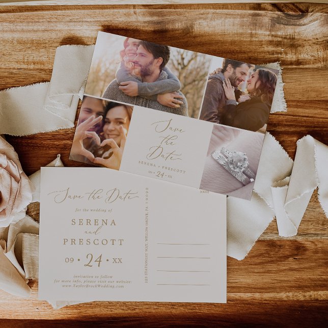 Invitation Carte Postale Delicate Gold Cream 4 Photo Template Save the Date (Créateur téléchargé)