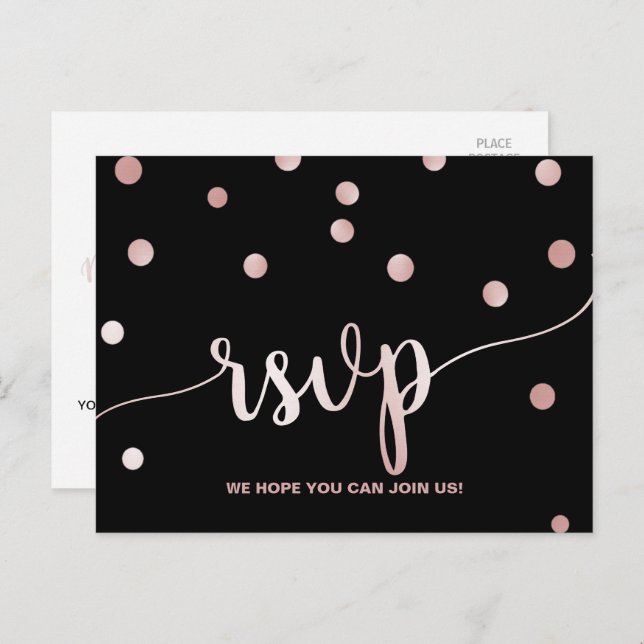 Invitation Carte Postale Demande de Chanson Confetti rose Gold & Black Glam (Devant / Derrière)