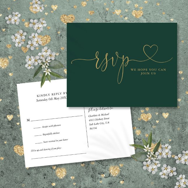 Invitation Carte Postale Demande de chanson de script Cœur d'émeraude et d' (Emerald And Gold Heart Script Song Request Invitation Postcard)