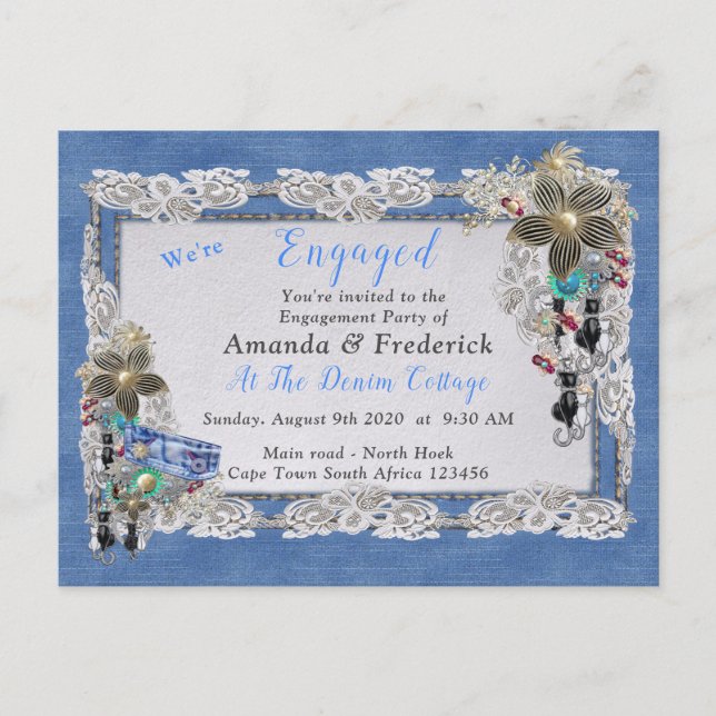 Invitation Carte Postale Denim avec dentelle de crème et bijoux costume (Devant)