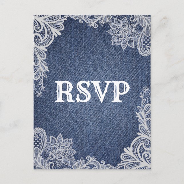 Invitation Carte Postale Denim & Blanc Dentelle Fleurie Élégante RSVP Maria (Devant)