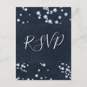 Invitation Carte Postale Denim & Diamants Blue Jeans Bling Glam RSVP