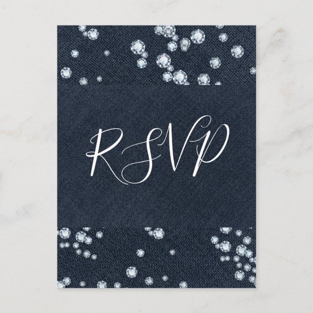 Invitation Carte Postale Denim & Diamants Blue Jeans Bling Glam RSVP (Devant)