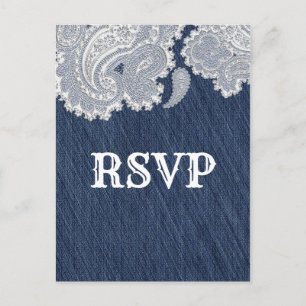 Invitation Carte Postale Denim Jean & White Lace Elégant Mariage RSVP