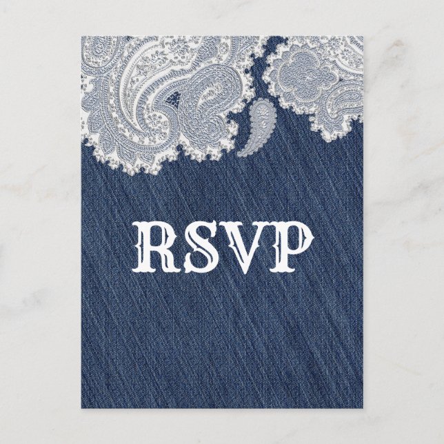 Invitation Carte Postale Denim Jean & White Lace Elégant Mariage RSVP (Devant)