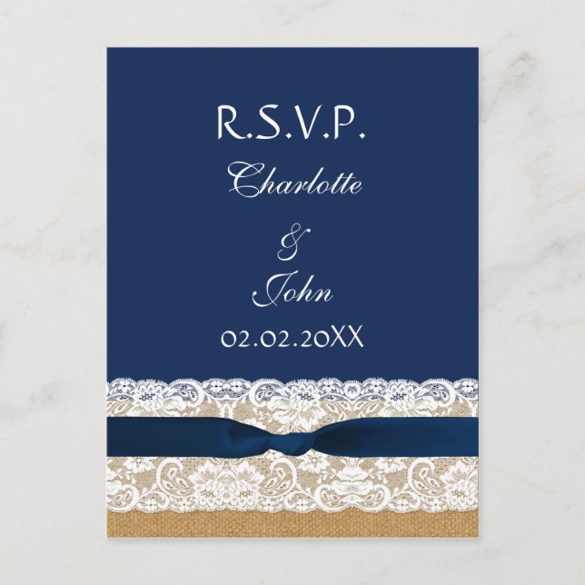 Invitation Carte Postale Dentelle et burlap FAUX, ruban bleu marine RSVP (Devant)