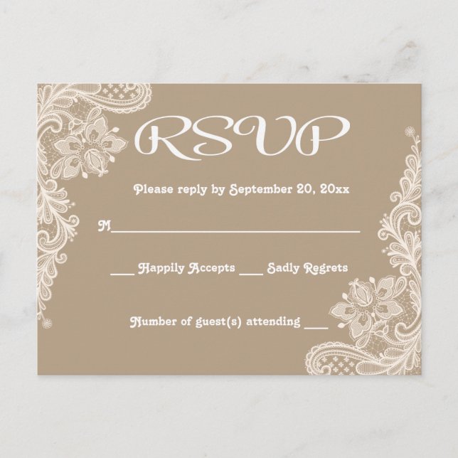 Invitation Carte Postale Dentelle florale RSVP Brown et blanche Tan (Devant)