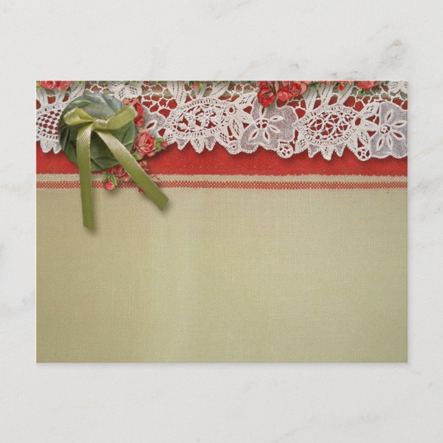 Invitation Carte Postale Dentelle Rose Antique Rouge Rustique Burlap Victor (Devant)
