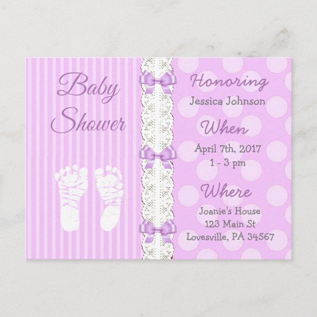 Invitation Carte Postale Dentelle violette et Baby shower de la fille de la (Devant)