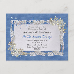 Invitation Carte Postale Dentelles et perles texturées Denim