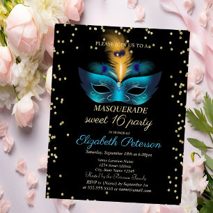 Invitation Carte Postale Diamants Blue Masque Masquerade Sweet 16