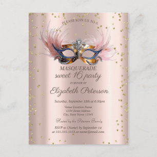 Invitation Carte Postale Diamants Chic Mascarade en Or Rose Sweet 16