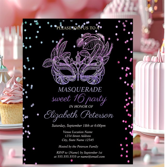 Invitation Carte Postale Diamants de violet mascarade, Douce masque 16 (Créateur téléchargé)