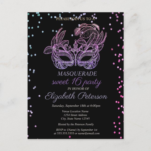 Invitation Carte Postale Diamants de violet mascarade, Douce masque 16 (Devant)