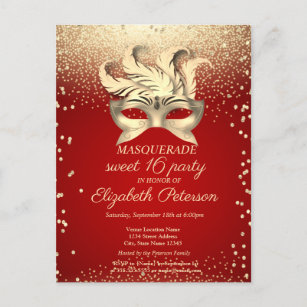 Invitation Carte Postale Diamants d'or mascarade, Masque, Doux rouge 16