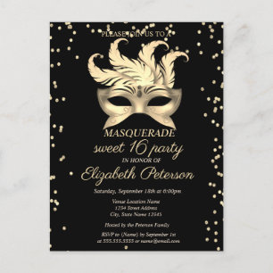 Invitation Carte Postale Diamants d'or mascarade, Masque Sweet 16