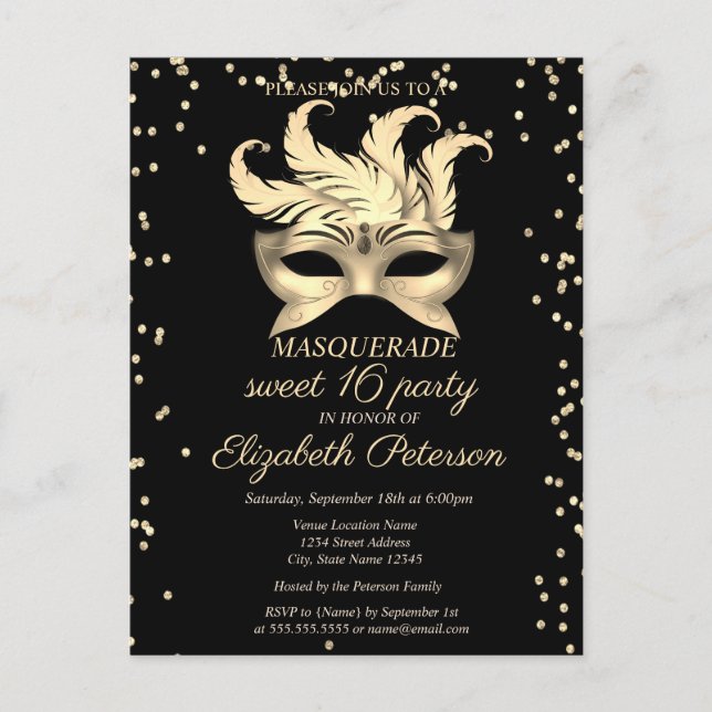 Invitation Carte Postale Diamants d'or mascarade, Masque Sweet 16 (Devant)
