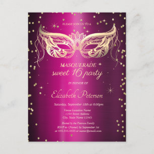 Invitation Carte Postale Diamants d'or mascarade Purple Metallic Sweet 16