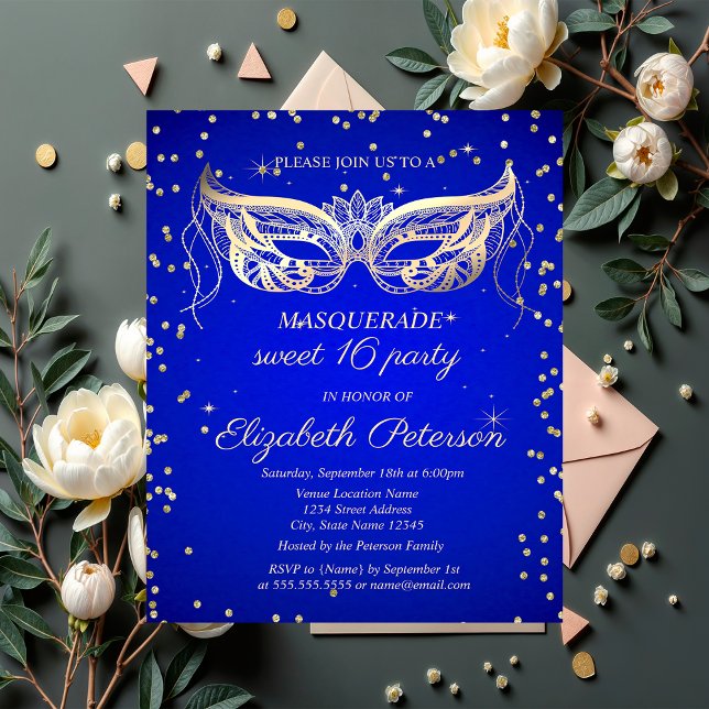 Invitation Carte Postale Diamants d'or mascarade Royal Blue Sweet 16 (Créateur téléchargé)