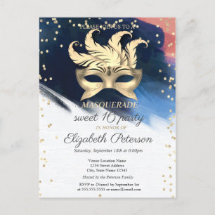 Invitation Carte Postale Diamants d'or, Masque, Brush Stroke Sweet 16