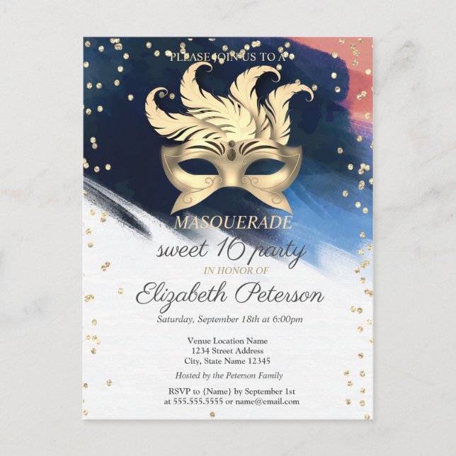 Invitation Carte Postale Diamants d'or, Masque, Brush Stroke Sweet 16 (Devant)