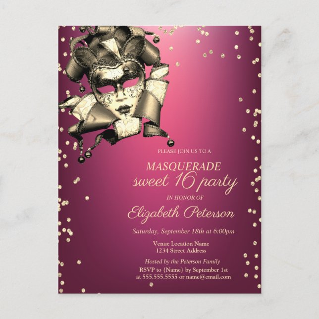 Invitation Carte Postale Diamants d'or, Masque de Venise, Purple Sweet 16 (Devant)