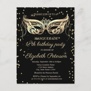 Invitation Carte Postale Diamants d'or Masquerade 18e anniversaire