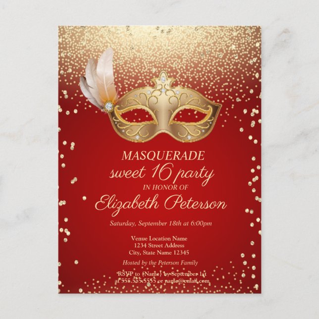 Invitation Carte Postale Diamants masqués, Masque, Doux rouge 16 (Devant)