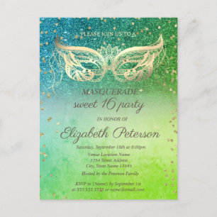 Invitation Carte Postale Diamants masqués Vert Parties scintillant douce 16