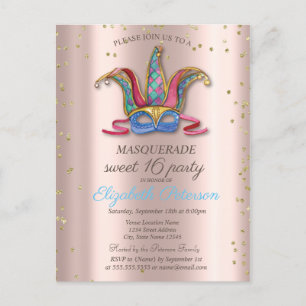Invitation Carte Postale Diamants Or Rose Coloré Masque Sweet 16