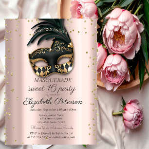 Invitation Carte Postale Diamants Rose Or Black Masquerade Sweet 16