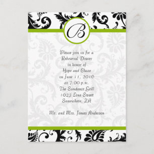 Invitation Carte Postale Dîner de répétition Apple Green & Black Damask Swi