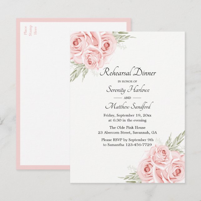 Invitation Carte Postale Dîner de répétition Florale rose pâle rose (Devant / Derrière)