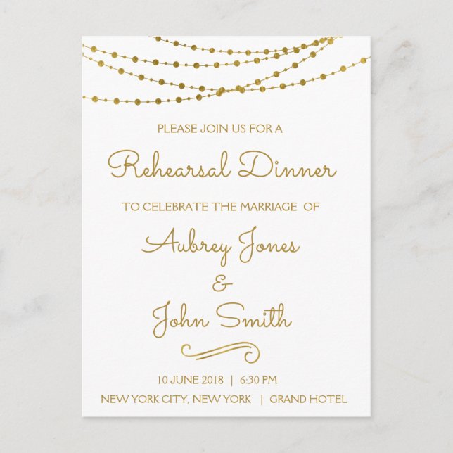 Invitation Carte Postale Dîner de répétition Gold Foil String (Devant)