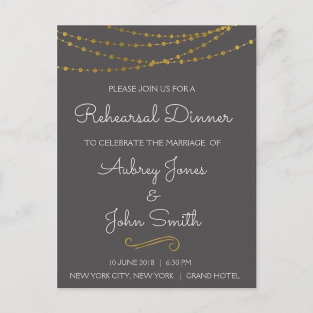 Invitation Carte Postale Dîner de répétition Gold Foil String (Devant)