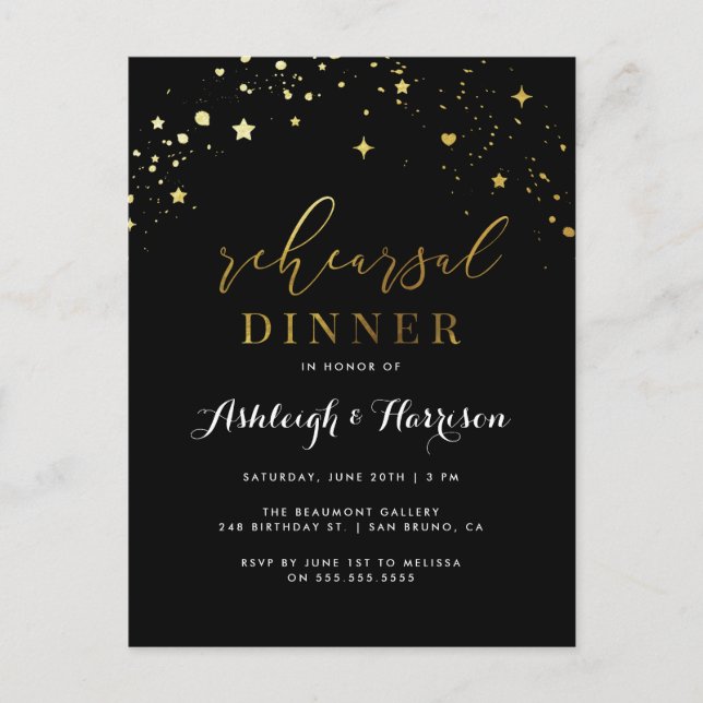 Invitation Carte Postale Dîner de répétition officiel Black & Gold Confetti (Devant)